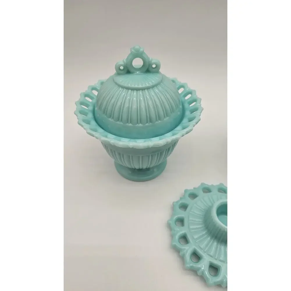 Fostoria Randolph Blue Milk Glass Cream Sugar & Candlestick Holder Set